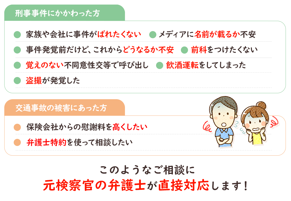 家族や会社に事件がばれたくない　　メディアに名前が載るか不安
事件発覚前だけど、これからどうなるか不安　　前科をつけたくない
覚えのない不同意性交等で呼び出し　　飲酒運転をしてしまった
盗撮が発覚した保険会社からの慰謝料を高くしたい
弁護士特約を使って相談したい